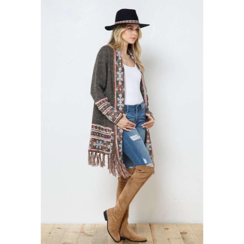SOLD OUT Moss Olive Snowflake Marled Native Western Aztec Open Knit Cardigan - Picture 5 of 7
